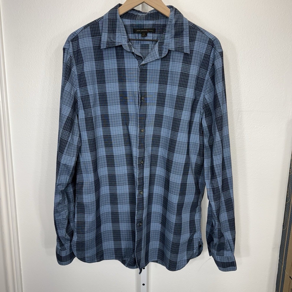 John Varvatos USA Blue Black Plaid‎ Men's Long Sleeve Button Down Shirt Size L
